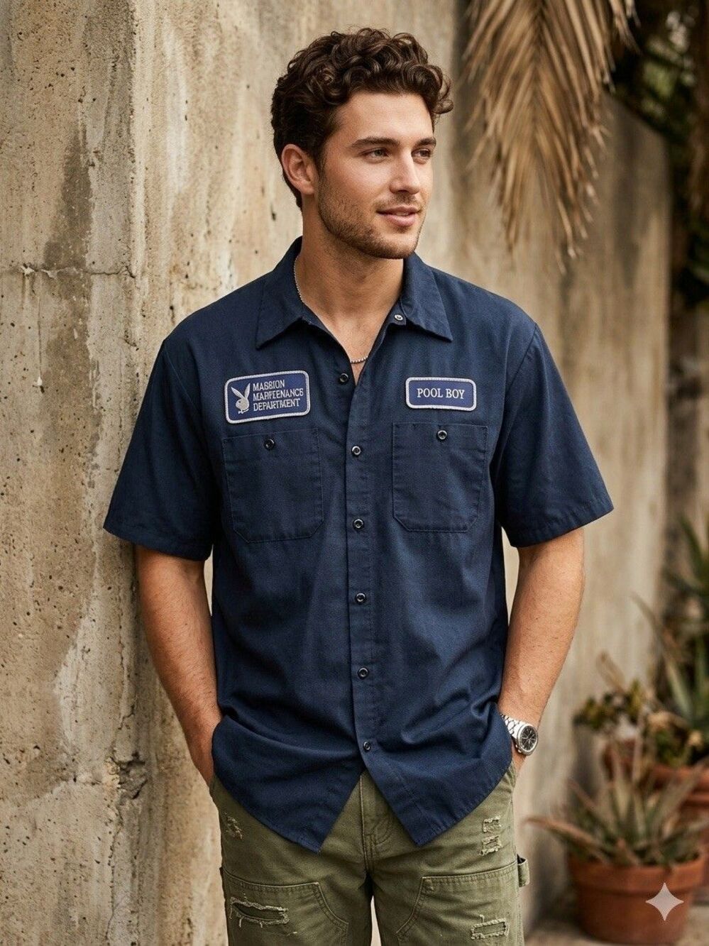 Vtg Playboy Mansion Maintenance Pool Boy Work Shirt Patches Navy Blue Mens XL